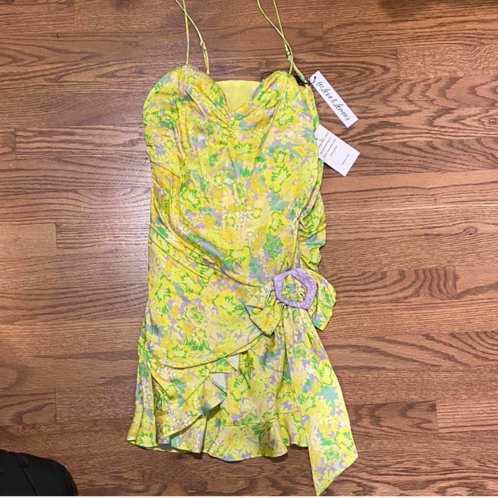 NWT For Love and Lemons Yellow mini dress
purple green and white flower pattern